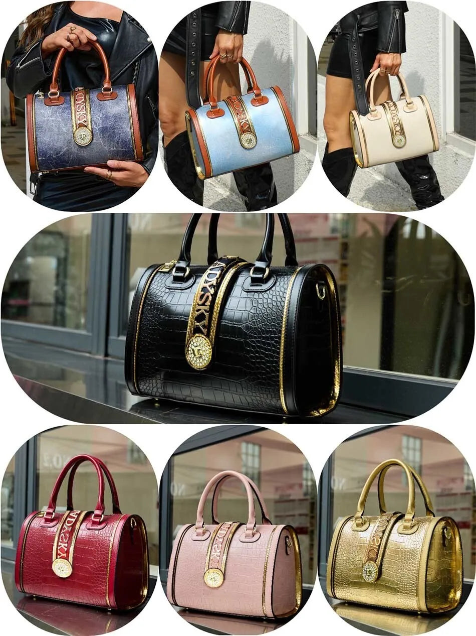 Crocodile Embossed Boston Handbag – High Quality Leather Shoulder & Crossbody Bag with Letter Decoration and Top Handle | HollandLuxeGlobal.com Exclusive Collector’s Item