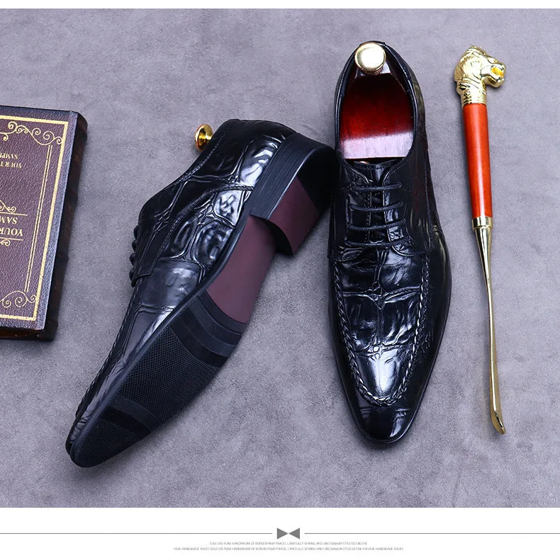Elevate your style with the Luxury Crocodile Pattern Men’s Dress Shoes, part of the Hollandluxeglobal.com Exclusive Collection.
	•	Material: Premium genuine leather with elegant crocodile embossing