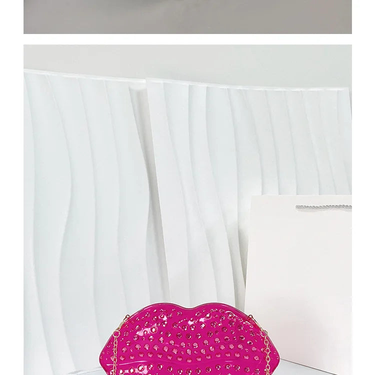 Lip Shape Rhinestones Clutch Bag Clear Acrylic Kiss Purse Luxury Diamond Women Wedding Evening Party Chain Crossbody Handbag | HollandLuxeGlobal.com Exclusive Collector’s Item