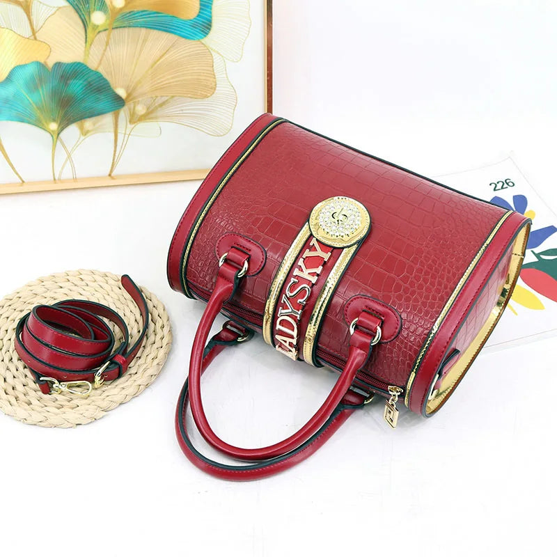 Crocodile Embossed Boston Handbag – High Quality Leather Shoulder & Crossbody Bag with Letter Decoration and Top Handle | HollandLuxeGlobal.com Exclusive Collector’s Item