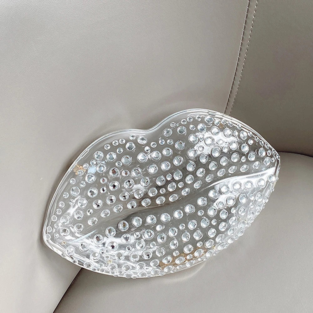 Lip Shape Rhinestones Clutch Bag Clear Acrylic Kiss Purse Luxury Diamond Women Wedding Evening Party Chain Crossbody Handbag | HollandLuxeGlobal.com Exclusive Collector’s Item