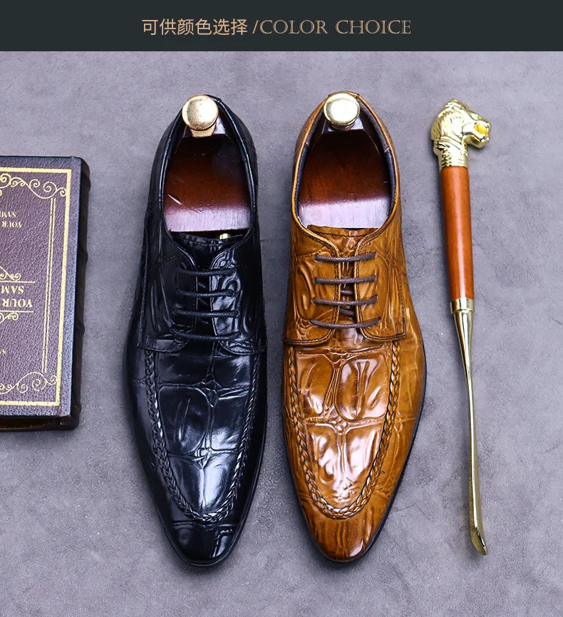 Elevate your style with the Luxury Crocodile Pattern Men’s Dress Shoes, part of the Hollandluxeglobal.com Exclusive Collection.
	•	Material: Premium genuine leather with elegant crocodile embossing