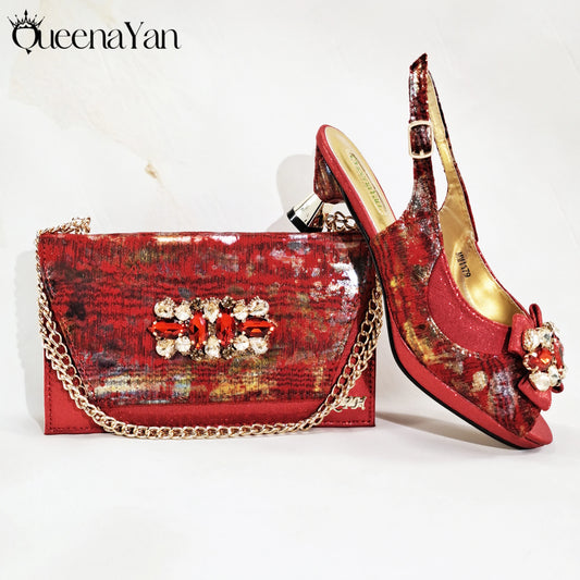 New Women High-Heel Shoes Elegant Wine Rhinestone Metallic Diamond Accents Paired with Matching Handbag Exquisite Special-Material | HollandLuxeGlobal.com Exclusive Collector’s Item