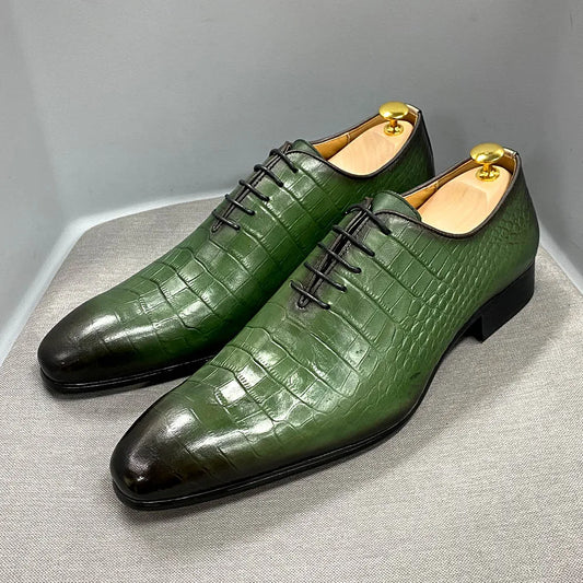 Holland Luxe Global Exclusive – Italian Fashion Oxford Shoes for Men | Genuine Cow Leather Crocodile Lace-Up Formal Dress Shoes