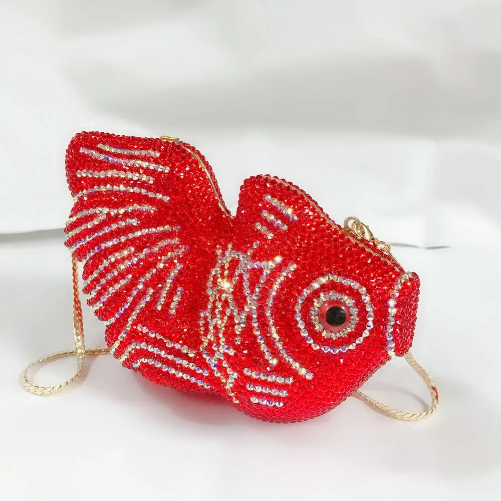 Red Goldfish Rhinestone Cartoon Animal Diamond Dinner Bag Handmade Crystal Women’s Hard Clutch | HollandLuxeGlobal.com Exclusive Collector’s Item