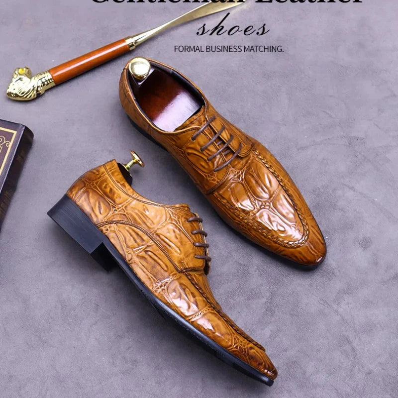 Elevate your style with the Luxury Crocodile Pattern Men’s Dress Shoes, part of the Hollandluxeglobal.com Exclusive Collection.
	•	Material: Premium genuine leather with elegant crocodile embossing
