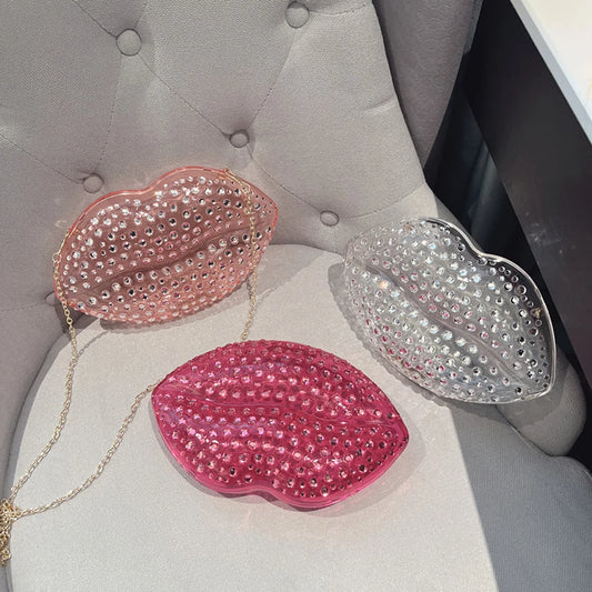 Lip Shape Rhinestones Clutch Bag Clear Acrylic Kiss Purse Luxury Diamond Women Wedding Evening Party Chain Crossbody Handbag | HollandLuxeGlobal.com Exclusive Collector’s Item