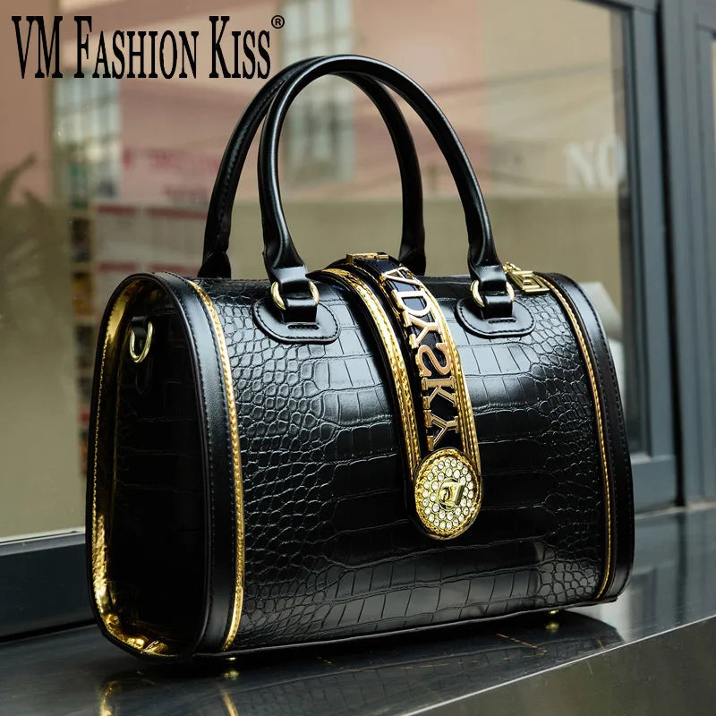 Crocodile Embossed Boston Handbag – High Quality Leather Shoulder & Crossbody Bag with Letter Decoration and Top Handle | HollandLuxeGlobal.com Exclusive Collector’s Item