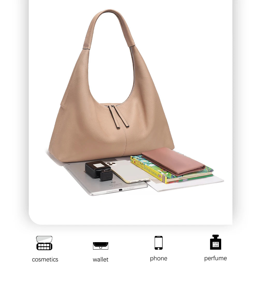 Stay stylish and organized with the Zency Large-Capacity Tote Bag, crafted from 100% genuine leather. A soft and elegant hobo-style handbag perfect for work, shopping, or winter outings — ideal for modern women