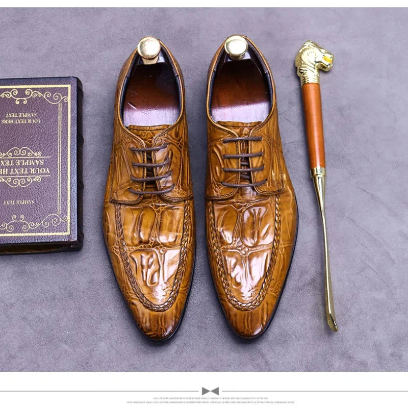 Elevate your style with the Luxury Crocodile Pattern Men’s Dress Shoes, part of the Hollandluxeglobal.com Exclusive Collection.
	•	Material: Premium genuine leather with elegant crocodile embossing
