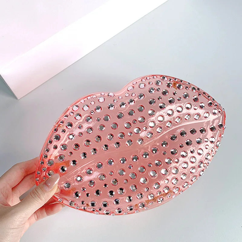 Lip Shape Rhinestones Clutch Bag Clear Acrylic Kiss Purse Luxury Diamond Women Wedding Evening Party Chain Crossbody Handbag | HollandLuxeGlobal.com Exclusive Collector’s Item