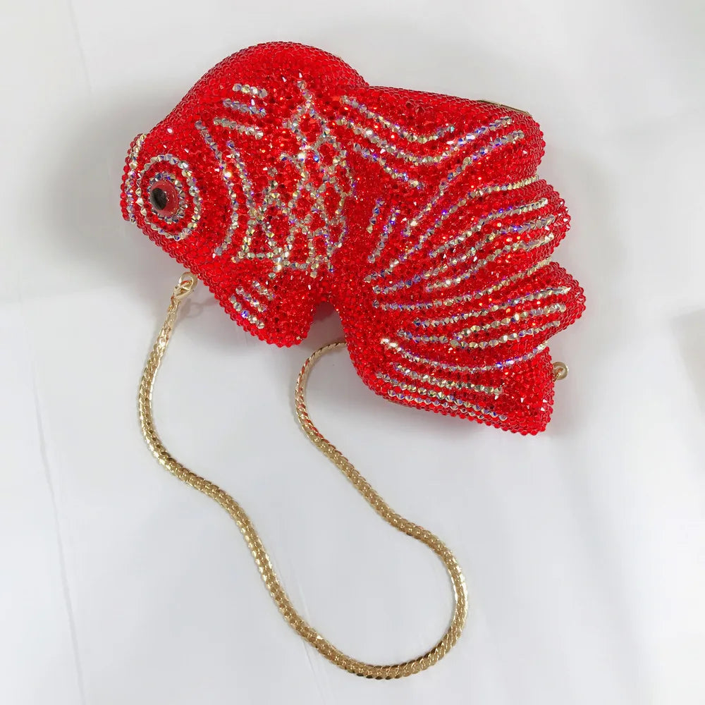 Red Goldfish Rhinestone Cartoon Animal Diamond Dinner Bag Handmade Crystal Women’s Hard Clutch | HollandLuxeGlobal.com Exclusive Collector’s Item