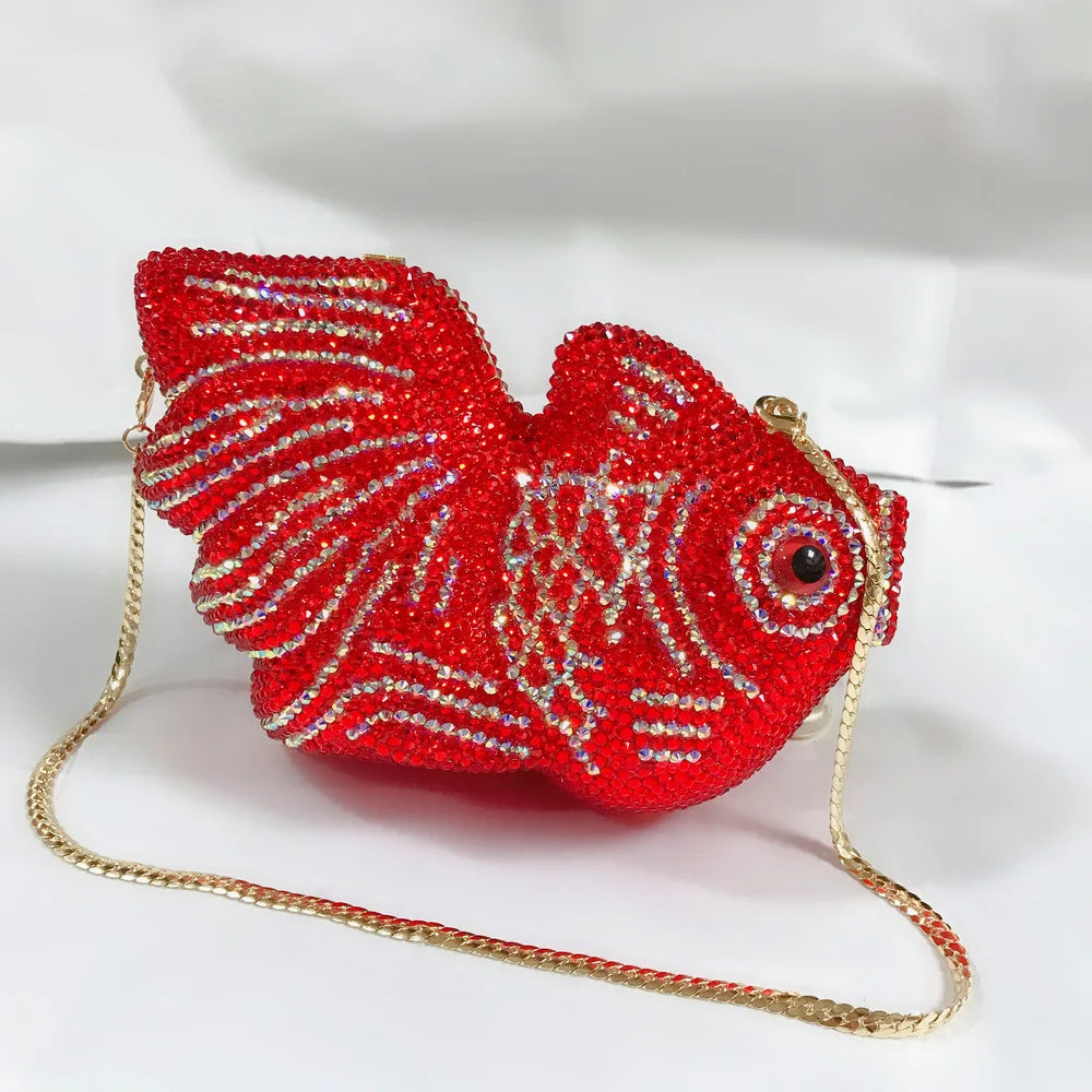 Red Goldfish Rhinestone Cartoon Animal Diamond Dinner Bag Handmade Crystal Women’s Hard Clutch | HollandLuxeGlobal.com Exclusive Collector’s Item