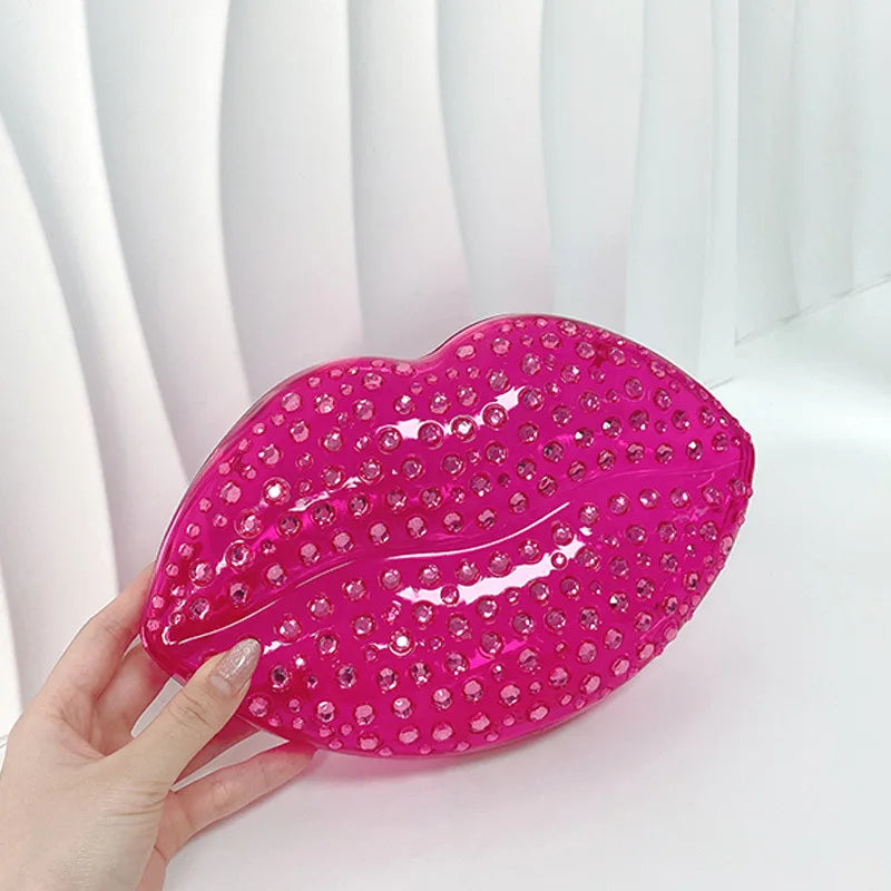 Lip Shape Rhinestones Clutch Bag Clear Acrylic Kiss Purse Luxury Diamond Women Wedding Evening Party Chain Crossbody Handbag | HollandLuxeGlobal.com Exclusive Collector’s Item