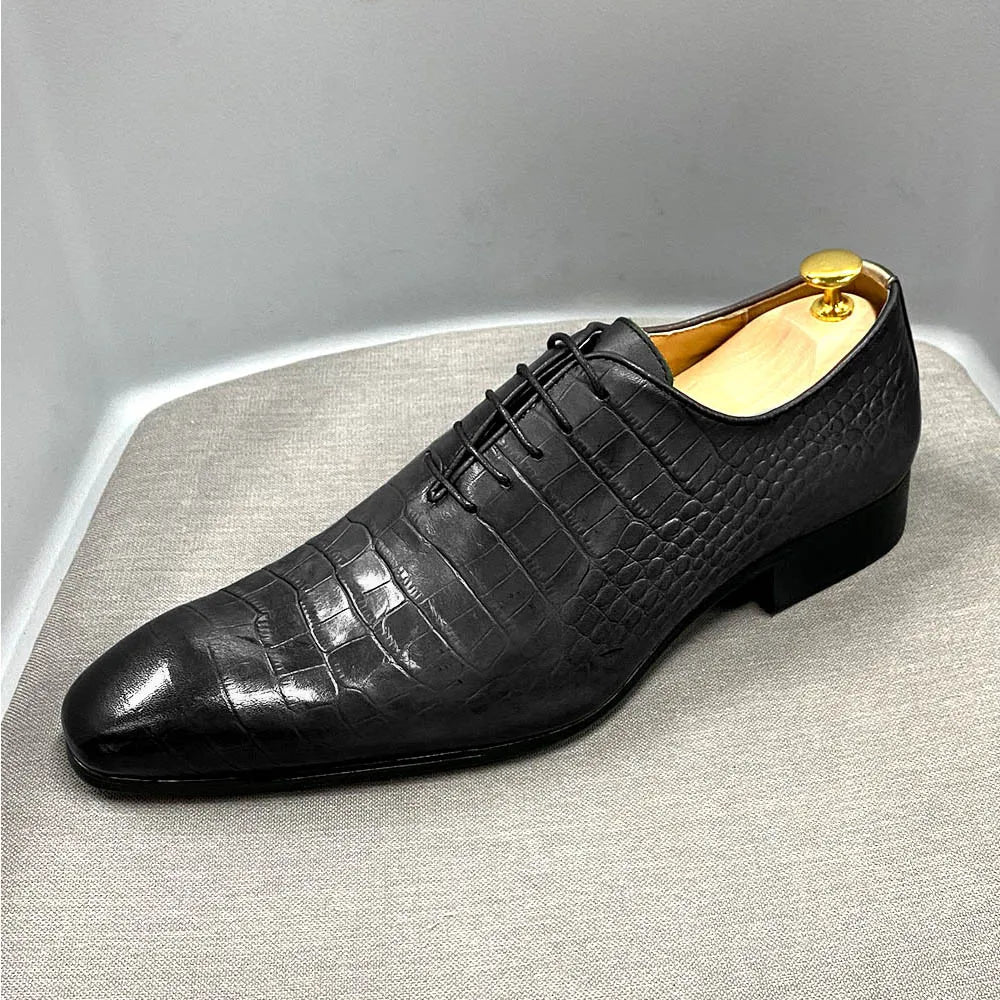 Holland Luxe Global Exclusive – Italian Fashion Oxford Shoes for Men | Genuine Cow Leather Crocodile Lace-Up Formal Dress Shoes