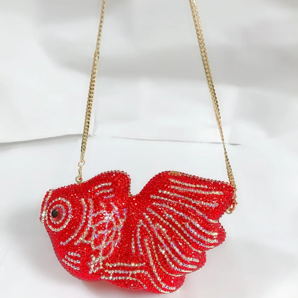 Red Goldfish Rhinestone Cartoon Animal Diamond Dinner Bag Handmade Crystal Women’s Hard Clutch | HollandLuxeGlobal.com Exclusive Collector’s Item